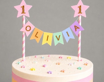 Personalised Cake Topper 1st Birthday Pink Star Pastel Rainbow Bunting Banner Custom Nams Age Girl Boy Cake Decoration