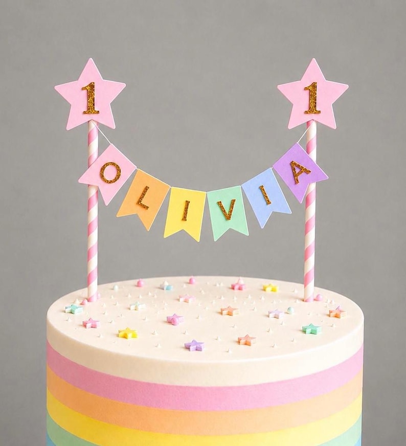 Personalised Cake Topper 1st Birthday Pink Star Pastel Rainbow Bunting Banner Custom Nams Age Girl Boy Cake Decoration image 1