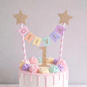 Gold Star Rainbow 1st Birthday Cake Topper Personalised Star Rainbow Bunting Banner Girl Boy Garland Flags Name Age Pink Stripe