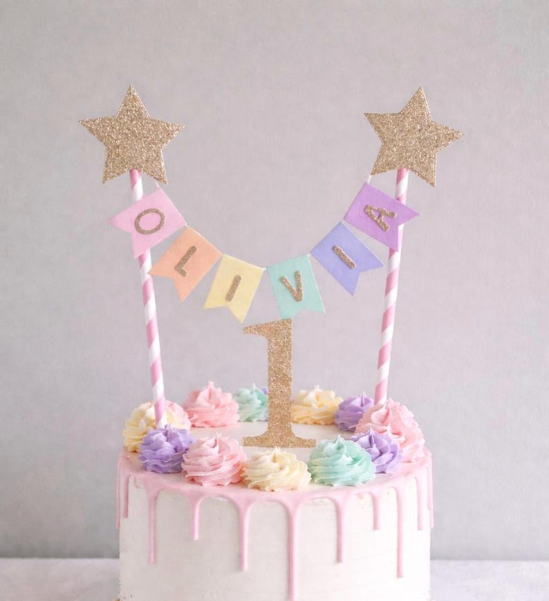 Gold Star Rainbow 1st Birthday Cake Topper Personalised Star Rainbow Bunting Banner Girl Boy Garland Flags Name Age Pink Stripe