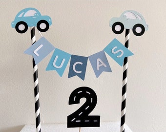 Car Cake Topper, Boys Car Cake Topper, Personalised Car Birthday Banner, 1st Birthday Cake Topper, Blue Race Car Cake Decoration