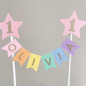 Pink Star Rainbow Bunting Cake Topper, 1st Birthday Cake Topper, Personalised Star Rainbow Pastel Cake Topper, 1st Birthday Cake Topper,