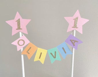 Pink Star Rainbow Bunting Cake Topper, 1st Birthday Cake Topper, Personalised Star Rainbow Pastel Cake Topper, 1st Birthday Cake Topper,