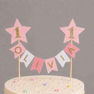 Personalised 1st Birthday Rainbow Cake Topper Pink Star Pastel Bunting Banner Girl Birthday Party Cake Decoration bild 4