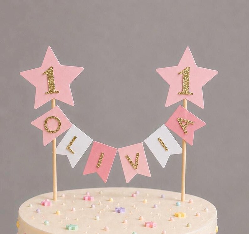 Personalised 1st Birthday Rainbow Cake Topper Pink Star Pastel Bunting Banner Girl Birthday Party Cake Decoration bild 4