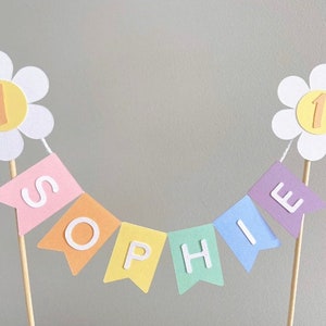 Daisy Rainbow Bunting Cake Topper, Personalised Cake Topper, 1st Birthday Cake Topper, Daisy Flower,  First Birthday Bunting Cake Topper