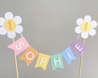 Daisy Rainbow Bunting Cake Topper, Personalised Cake Topper, 1st Birthday Cake Topper, Daisy Flower,  First Birthday Bunting Cake Topper