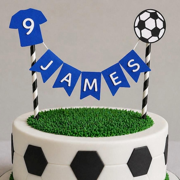 Décoration de gâteau football, maillot de football de gâteau, couleur bleu/blanc, n'importe quel nom/âge, fanions d'anniversaire de gâteau