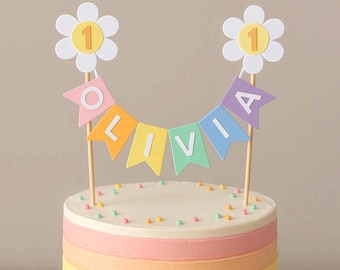 Personalised 1st Birthday Cake Topper Daisy Rainbow Pastel Party Bunting Banner Girl Flower Cake Decoration Name Age