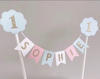 Personalised Bunting Cake Topper, First Birthday Cake Topper, Pastel Cake Topper, 1st Birthday Cake Topper, Flower Pastel