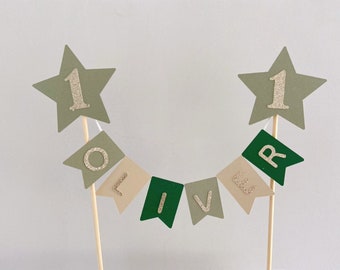 Personalised 1st Birthday Cake Topper Green Star Jungle Safari Woodland Theme Party Bunting Banner Boy Girl Name Age
