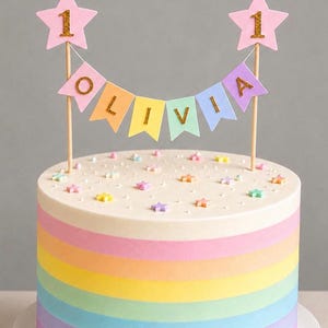 Personalised Cake Topper 1st Birthday Pink Star Pastel Rainbow Bunting Banner Custom Nams Age Girl Boy Cake Decoration Bamboo Sticks