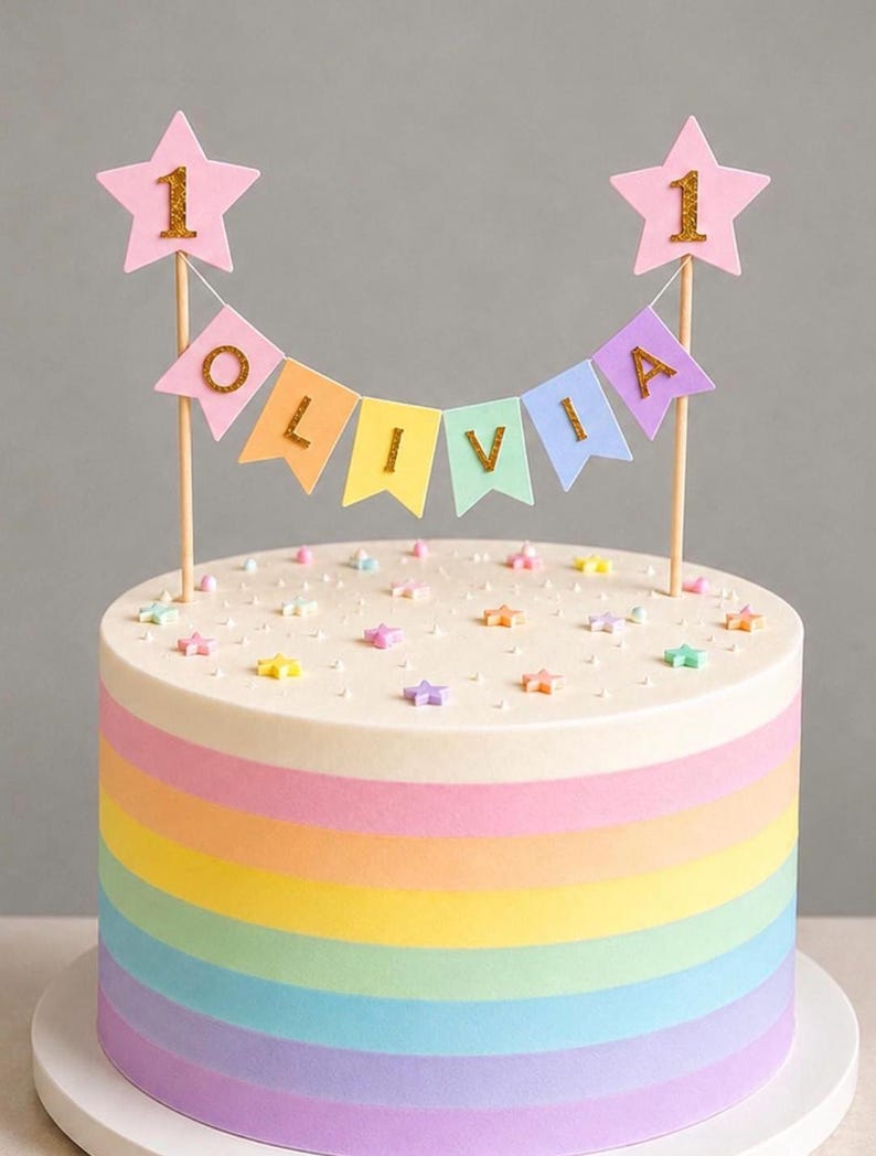 Personalised Cake Topper 1st Birthday Pink Star Pastel Rainbow Bunting Banner Custom Nams Age Girl Boy Cake Decoration Bamboo Sticks