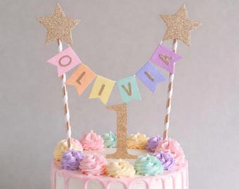 Gold Star Rainbow 1st Birthday Cake Topper Personalised Star Rainbow Bunting Banner Girl Boy Garland Flags Name Age