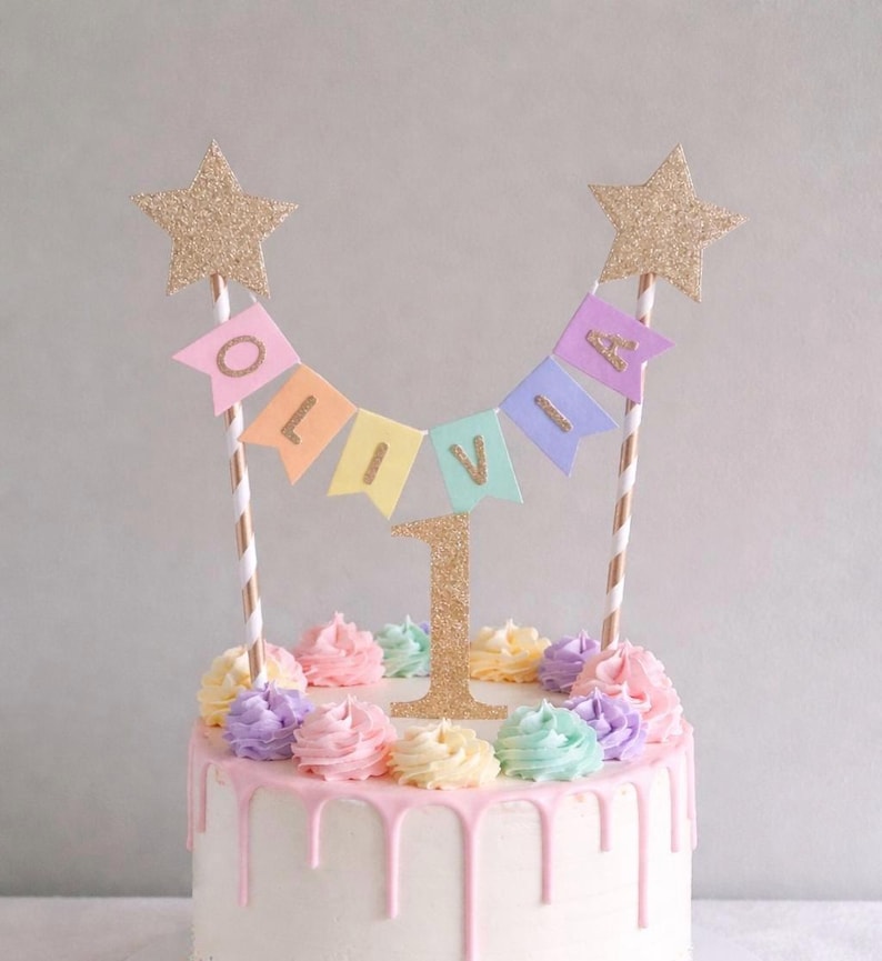 Gold Star Rainbow 1st Birthday Cake Topper Personalised Star Rainbow Bunting Banner Girl Boy Garland Flags Name Age Gold Stripe