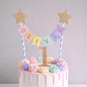 Gold Star Rainbow 1st Birthday Cake Topper Personalised Star Rainbow Bunting Banner Girl Boy Garland Flags Name Age Blue Stripe
