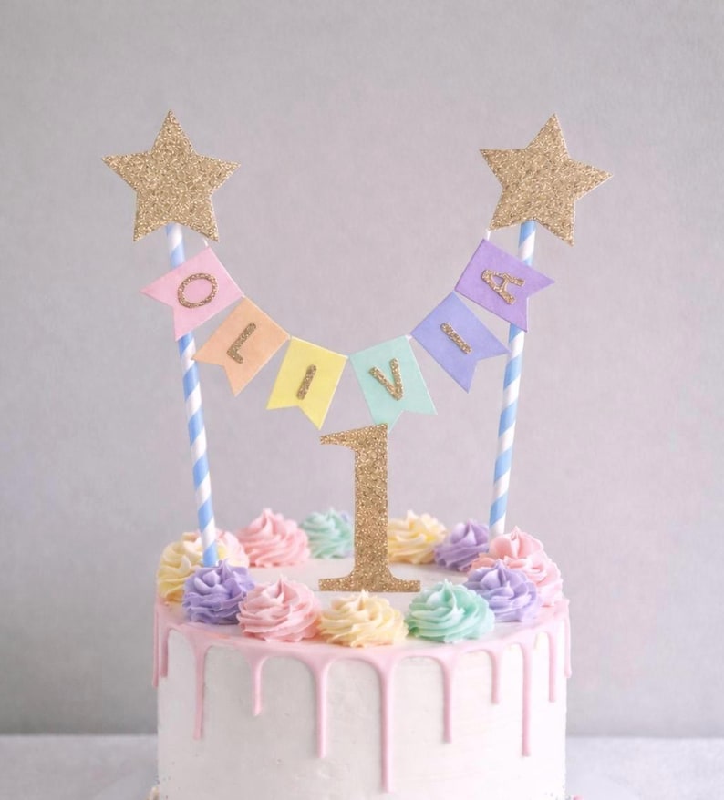 Gold Star Rainbow 1st Birthday Cake Topper Personalised Star Rainbow Bunting Banner Girl Boy Garland Flags Name Age Blue Stripe