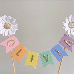 Daisy Rainbow Bunting Cake Topper, Personalised Bunting Cake Topper, 1st Birthday Cake Topper, Flower Bunting. Daisy Cake Topper.