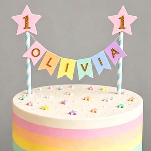 Personalised Cake Topper 1st Birthday Pink Star Pastel Rainbow Bunting Banner Custom Nams Age Girl Boy Cake Decoration image 6
