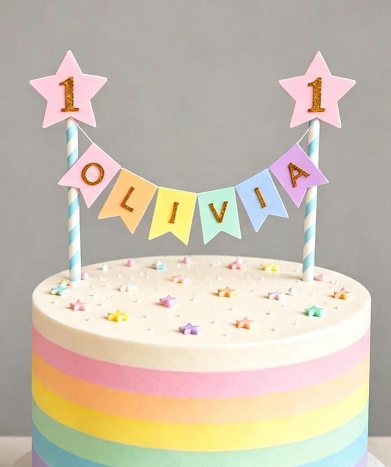Personalised Cake Topper 1st Birthday Pink Star Pastel Rainbow Bunting Banner Custom Nams Age Girl Boy Cake Decoration image 6