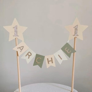 Personalised Cake Topper 1st Birthday Star Neutral Sage Woodland Safari Jungle Theme Baby Shower Boy Girl Custom Name Age