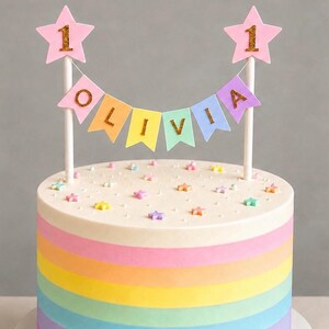 Personalised Cake Topper 1st Birthday Pink Star Pastel Rainbow Bunting Banner Custom Nams Age Girl Boy Cake Decoration White