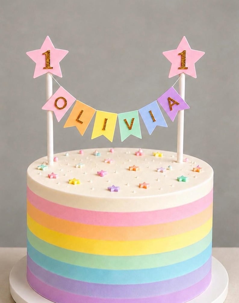 Personalised Cake Topper 1st Birthday Pink Star Pastel Rainbow Bunting Banner Custom Nams Age Girl Boy Cake Decoration White