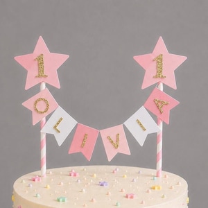 Personalised 1st Birthday Rainbow Cake Topper Pink Star Pastel Bunting Banner Girl Birthday Party Cake Decoration bild 6