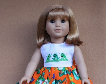 Embroidered Orange Frog Print Cotton Dress, Panties and Slip On Shoes fitting American Girl Dolls & other 18 in Dolls