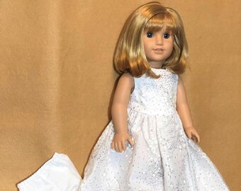 White Chiffon with White Floral Embroidered Formal Dress, Silver Dots, Panties and Shoes fitting American Girl Dolls & other 18 in Dolls