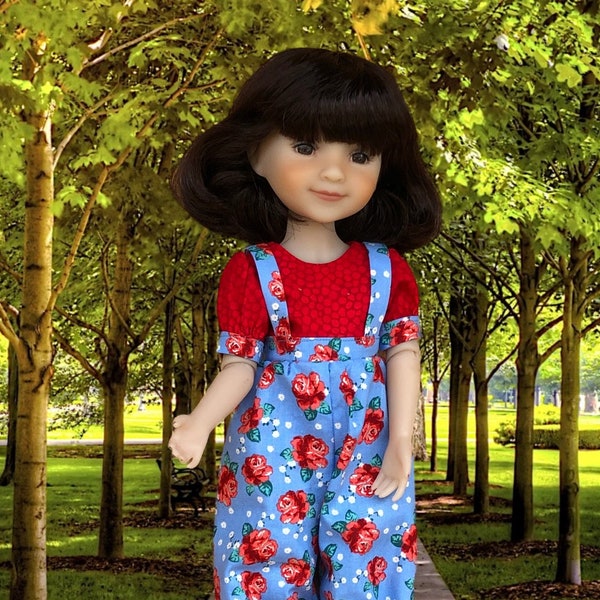 RRFF and WW Blue Romper with Red Roses and Attached Red Blouse fitting 14.5-inch Dolls from Ruby Red Fashion Friend Dolls and Wellie Wishers