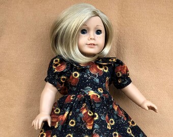 Pumpkin Harvest Cotton Print Dress with Collar, Panties and Black Shoes fitting American Girl Dolls & other 18 in Dolls