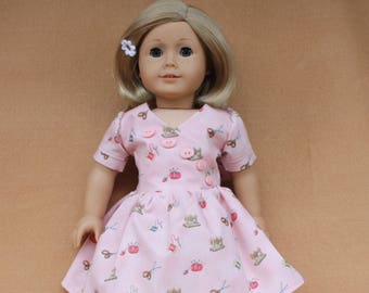 1940s Pink Sewing Notions Vintage Style Cotton Dress and Sandals fitting American Girl Dolls & other 18 in Dolls