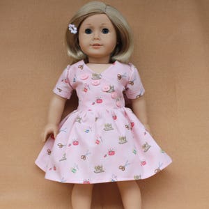 1940s Pink Sewing Notions Vintage Style Cotton Dress and Sandals fitting American Girl Dolls & other 18 in Dolls