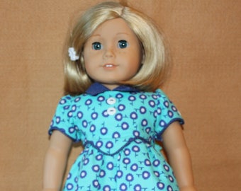 1930s Teal and Navy Floral Cotton Vintage Style Dress With Piping Detail and Collar fitting American Girl Dolls & other 18 in Dolls