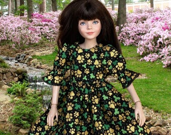 St Patricks Day Doll Dress: Green Shamrock Print, Gold Trim for 12&quot; Dolls