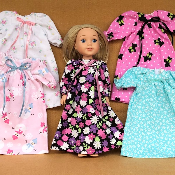 Assorted Adorable Cotton Flannel Print Night Gowns fitting Wellie Wisher Dolls & other 14.5 in Dolls