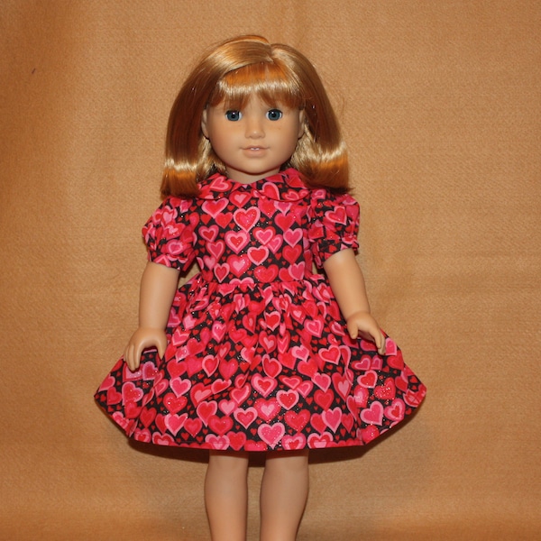 Sparkling Valentine's Day Dress with Red and Pink Hearts Print fitting American Girl Dolls and other 18 in Dolls