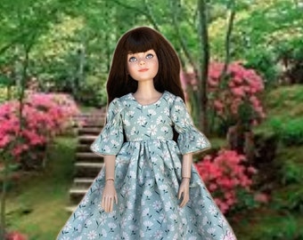 Floral Doll Dress: Pale Green, Pink Scallop Trim, Fits 12-inch Dolls