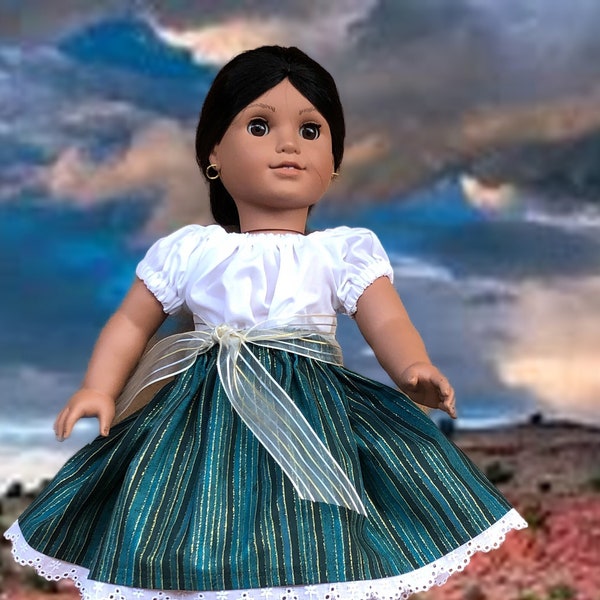 AG Mexican Style Shaded Teal and Gold Striped Skirt, White Camisa, Belt and Moccasins fitting American Girl Dolls and other 18 in Dolls