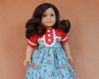 1930s Red and Blue Floral Birthday Dress, Panties, Shoes and Socks fitting 18 inch Dolls such as American Girl Dolls