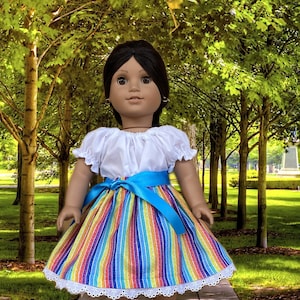 Mexican Style Camisa, Colorful Stripe Skirt, Belt and Pink Moccasins fitting American Girl Dolls and other 18 inch Dolls image 1