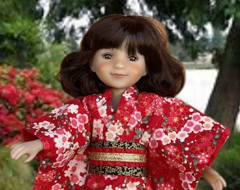 RRFF Red Floral Print Kimono with Red, Pink and Gold Flowers with Obi for Ruby Red Fashion Friend Dolls & other 14.5 inch Dolls