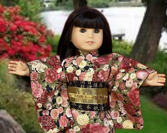 Shaded Pink and Gold Chrysanthemum Kimono with Gold Outlining and Obi fitting American Girl Dolls and other 18-inch dolls