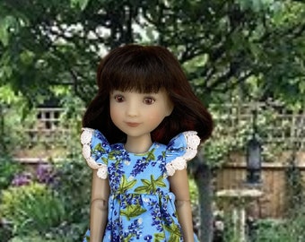 Siblies Shaded Blue and White Floral Print Tea Dress w Vintage Trim and Shoes fitting Siblies by Ruby Red Dolls and other 12 inch slim dolls