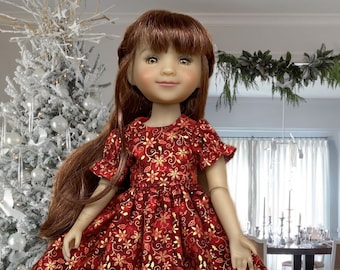 RRFF Red and Gold Holiday Print Dress with Gold Trim and Gold Princess Shoes fitting Ruby Red Fashion Friend Dolls and other 14-5 in dolls