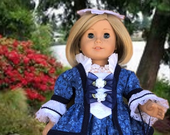 Dark Blue Tonal Floral Print Colonial Skirt, Jacket, Purse and Hat fitting 18 in Dolls and Other Popular Dolls