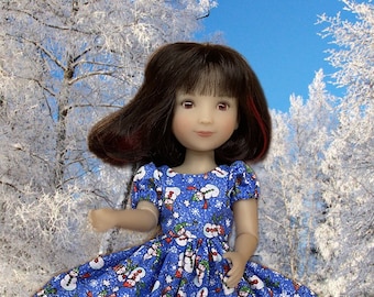 Siblie Blue Sparkling Snowman Christmas Print Dress with Metallic Trim and Shoes fitting Siblies and other 12-inch dolls