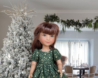Green & Gold Star Christmas Doll Dress with Metallic Trim for 12-inch Siblie Dolls