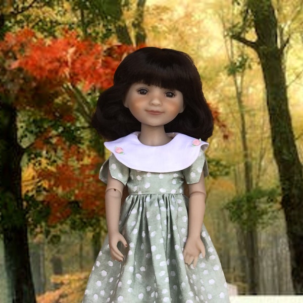 RRFF Green Dot Print Dress with Collar, Tulip Sleeves, Shoes also fitting Ruby Red Fashion Friends, Wellie Wishers and other 14-5 inch dolls